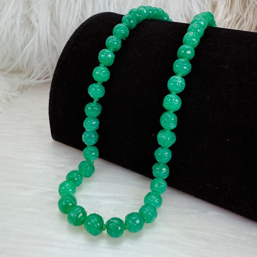 Vintage Green Art Glass Bead Necklace Gold Tone Clasp Long Statement Strand